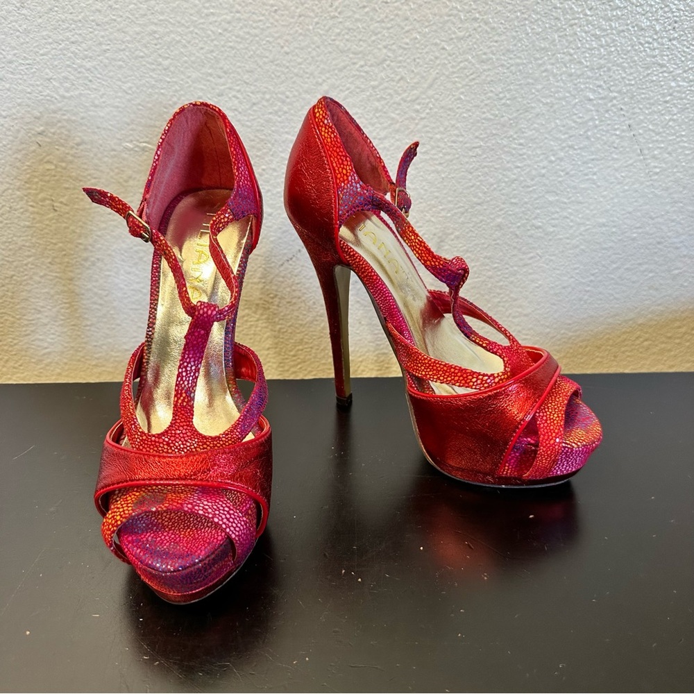 Liliana Red Orange Snake Patterned High Heels